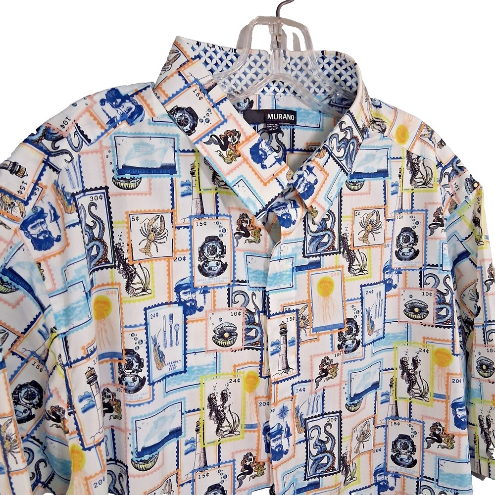 Murano Button Down Collared Nautical Theme Stamp XLT Short‎ Sleeve  Mens Shirt